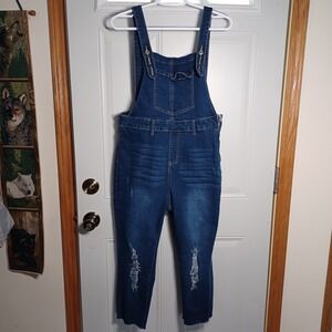 Shein Woman's Blue Jean Denim Overalls Distressed Size Large Trendy 90s Stretch